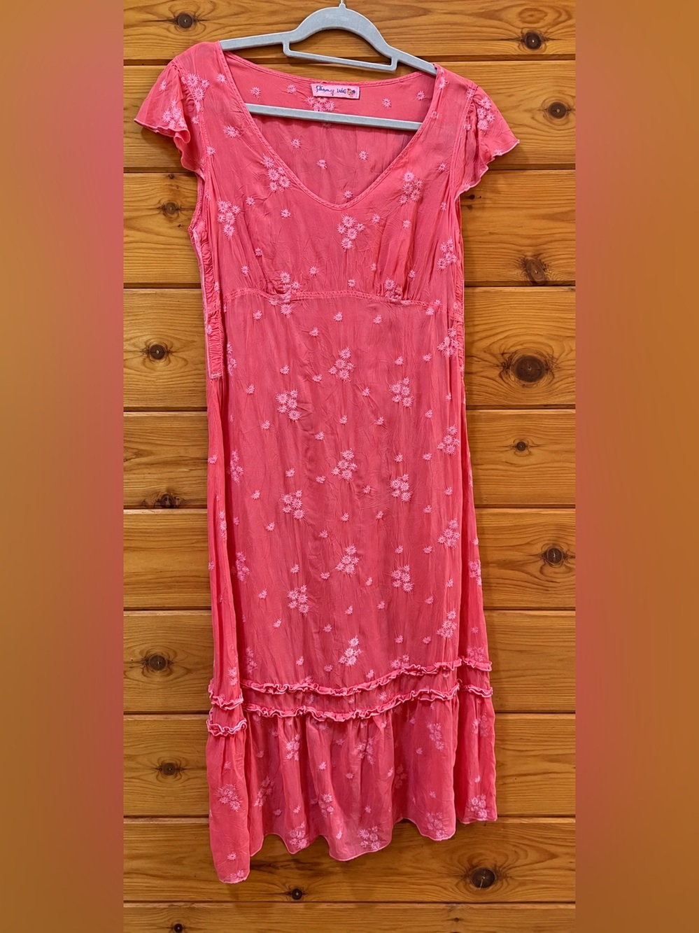 Johnny Was Coral Pink Embroidered Maxi Dress Side Snap Buttons Boho Rayon